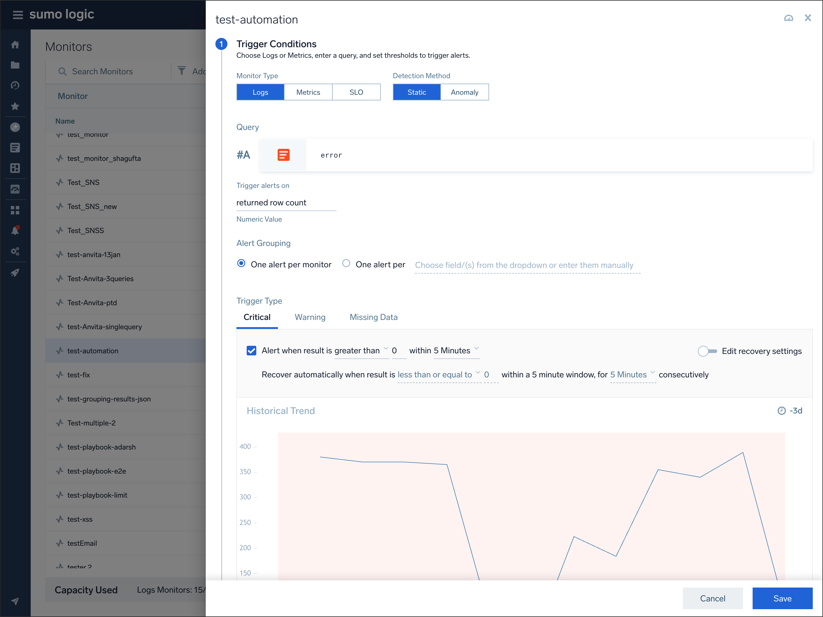 Monitor configuration modal showing trigger conditions